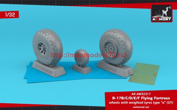 AR AW32317   1/32 B-17B/C/D/E/F Flying Fortress wheels w/ weighted tyres type "a" (GY) & PE hubcaps (thumb57326)